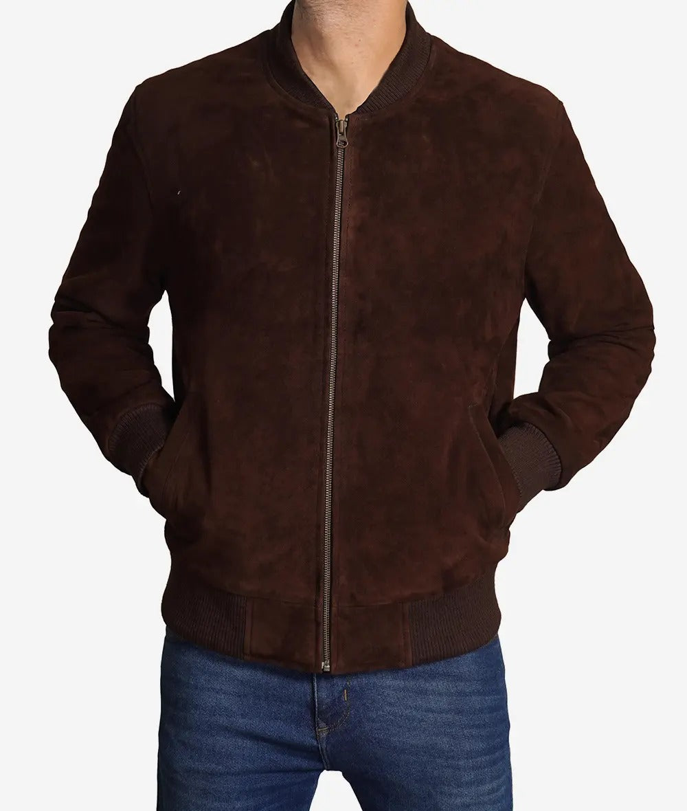 Men's Dark Brown Suede Bomber Jacket