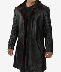 Men's 3/4 Length Black Shearling Coat - Winter Coat