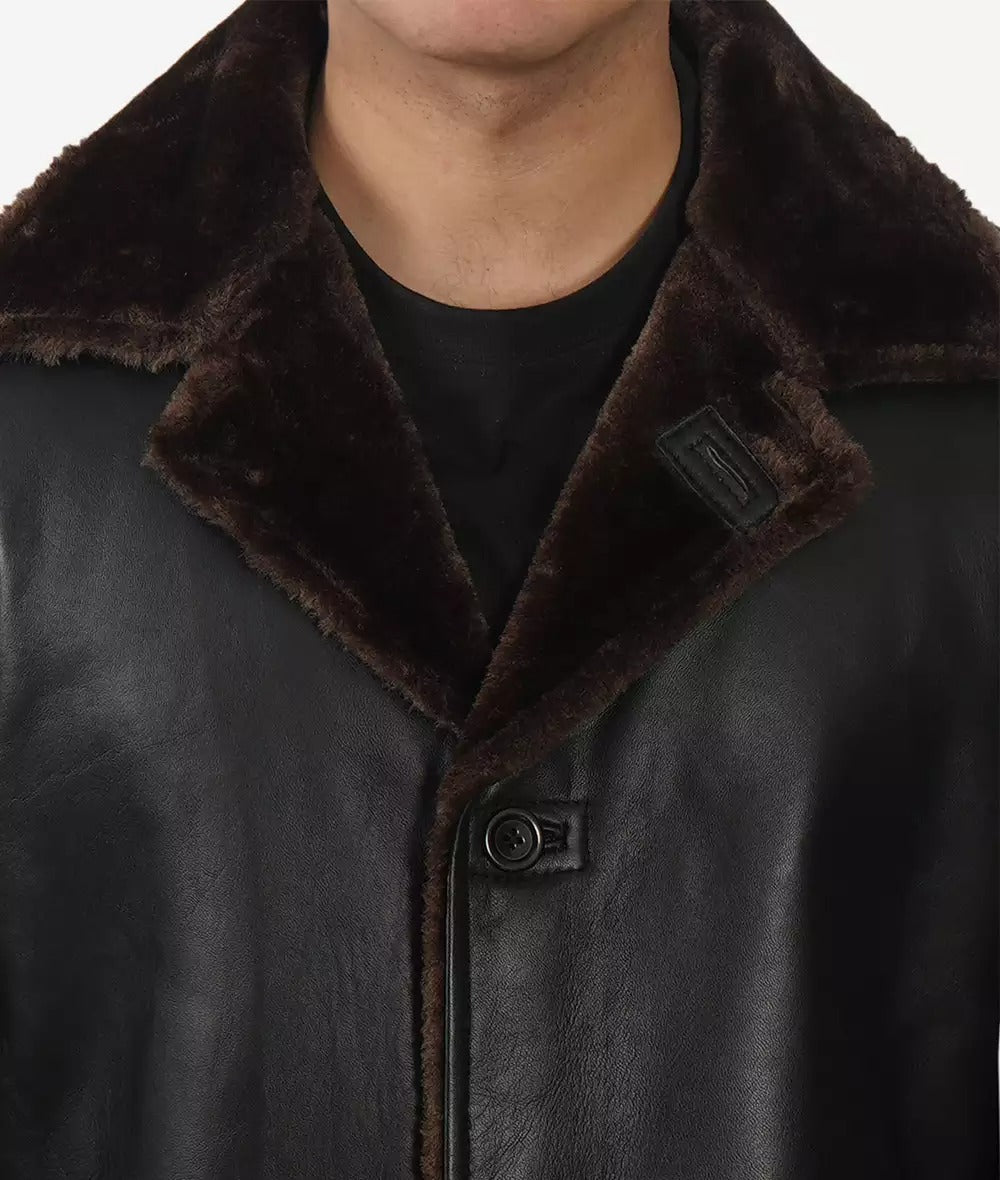 Men's 3/4 Length Black Shearling Coat - Winter Coat