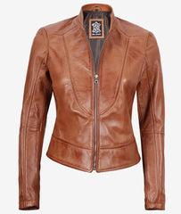 Women's Slim Fit Tan Waxed Biker Leather Jacket