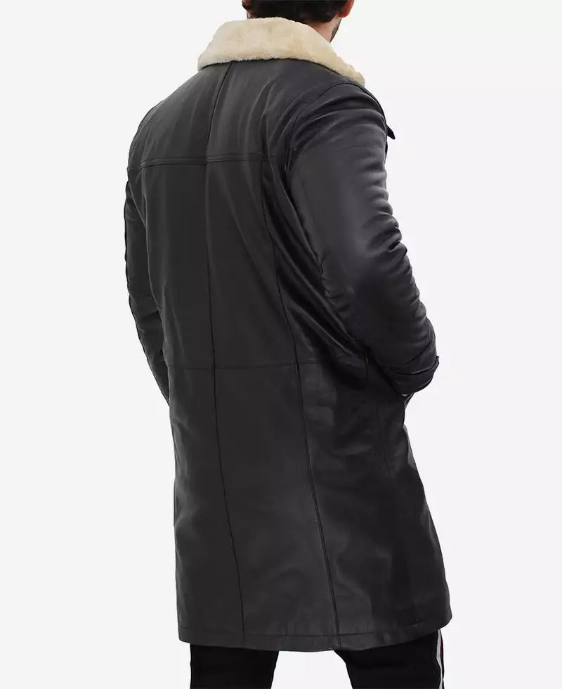 Men's Black 3/4 Length Shearling Leather Coat