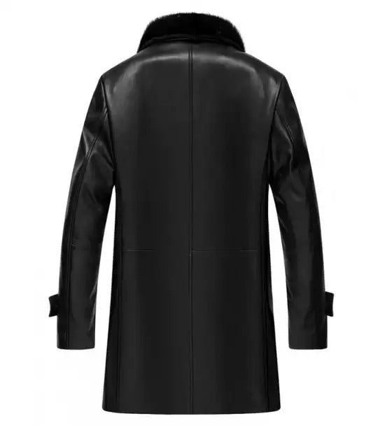 Men's Premium Black Leather 3/4 Length Coat with Shearling Collar