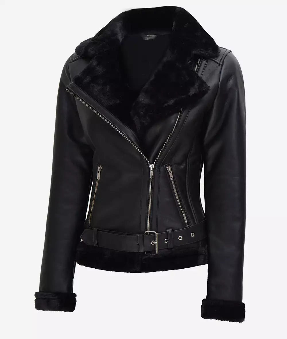 Agnes Asymmetrical Black Shearling Leather Jacket Womens