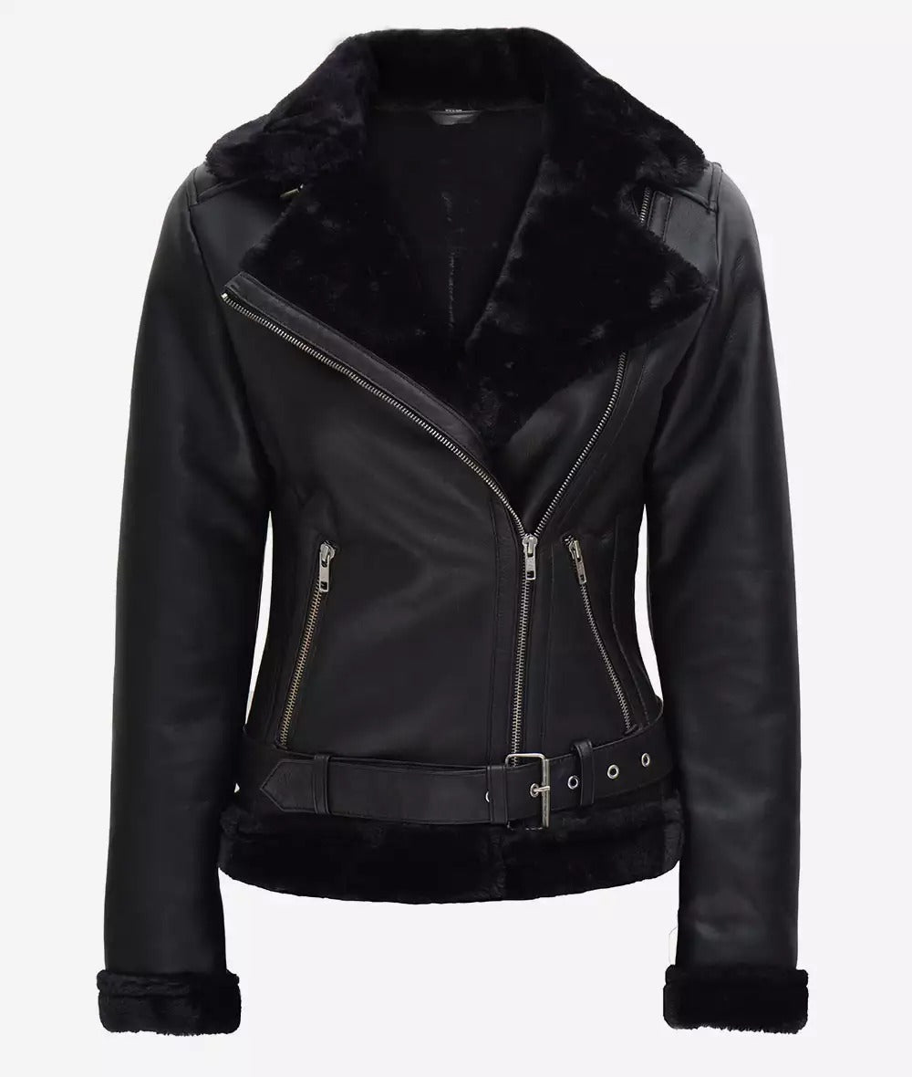 Agnes Asymmetrical Black Shearling Leather Jacket Womens