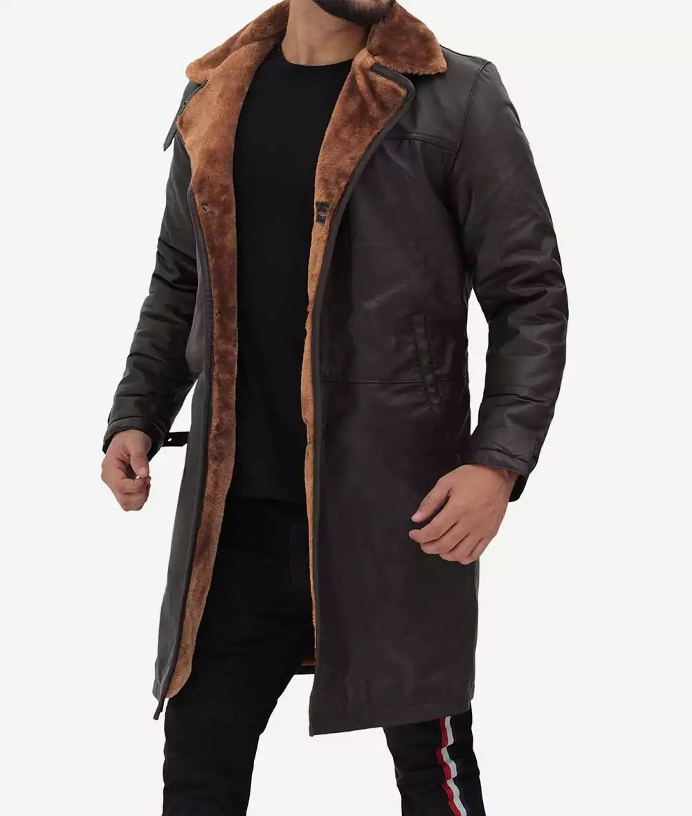 Premium Dark Brown Mens 3/4 Length Shearling Coat