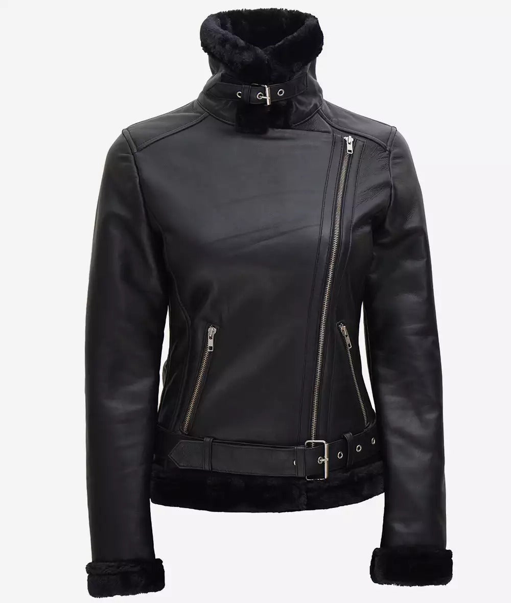 Agnes Asymmetrical Black Shearling Leather Jacket Womens