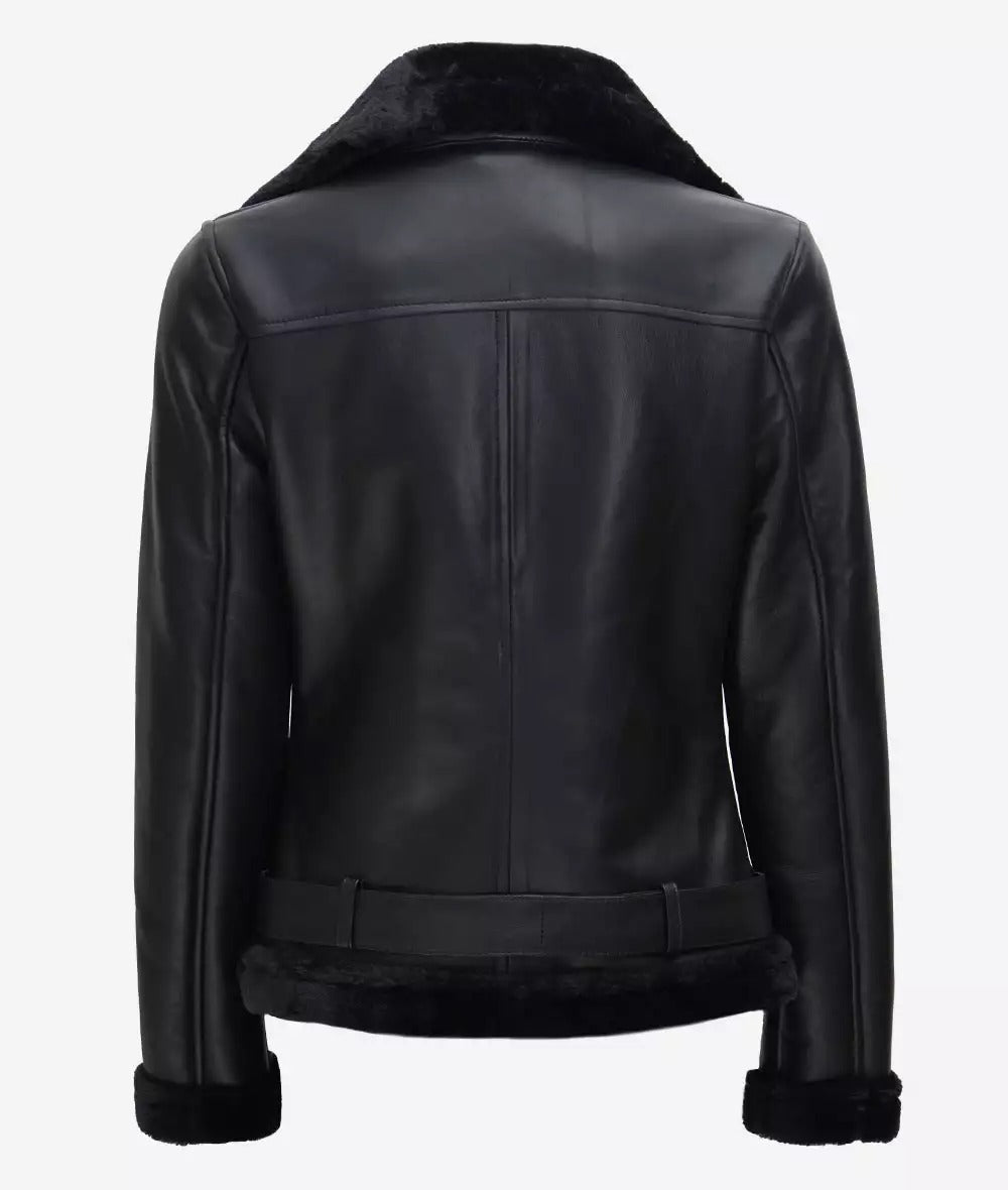 Agnes Asymmetrical Black Shearling Leather Jacket Womens