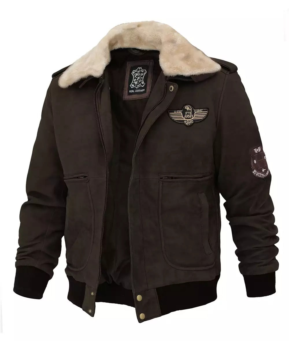 Dark Brown Leather Aviator Bomber Jacket - Removable Shearling Collar