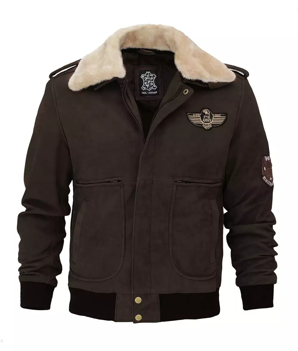 Dark Brown Leather Aviator Bomber Jacket - Removable Shearling Collar