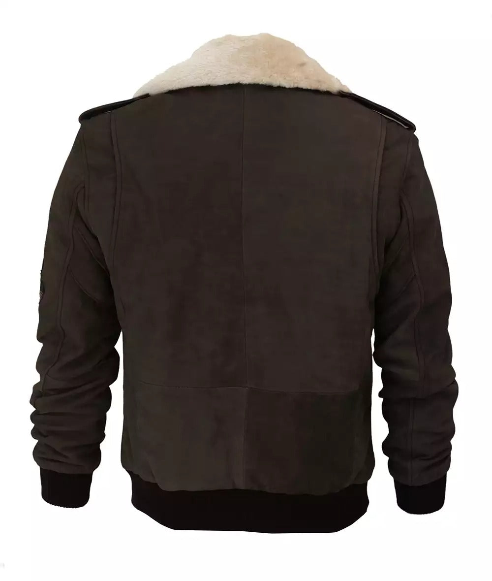 Dark Brown Leather Aviator Bomber Jacket - Removable Shearling Collar