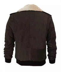 Dark Brown Leather Aviator Bomber Jacket - Removable Shearling Collar