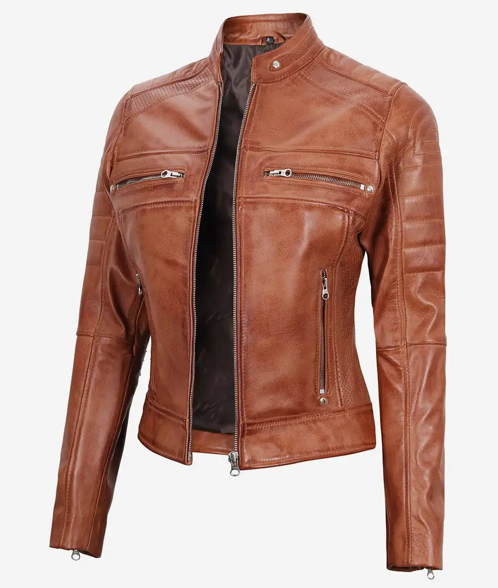 Womens Tan Cafe Racer Leather Jacket