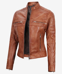 Womens Tan Cafe Racer Leather Jacket