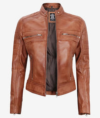 Womens Tan Cafe Racer Leather Jacket