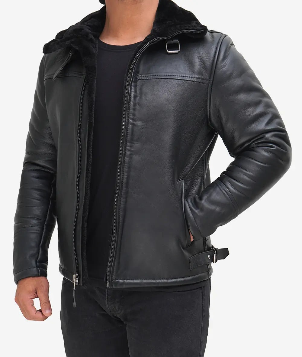 Mens Real Leather Dark Brown Shearling Bomber Jacket