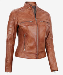 Womens Tan Cafe Racer Leather Jacket