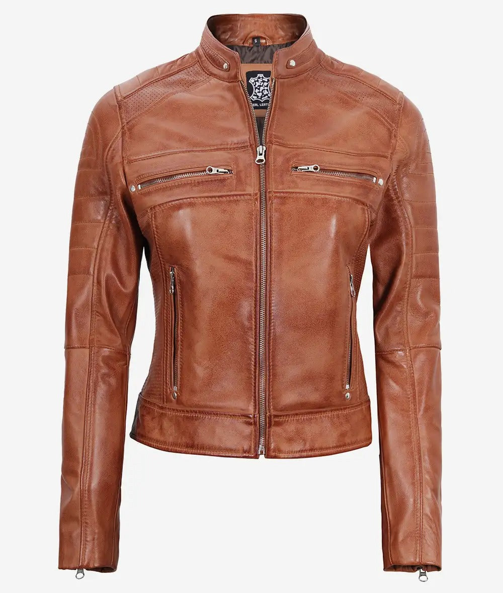 Womens Tan Cafe Racer Leather Jacket