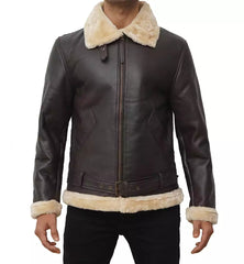 Mens Real Leather Dark Brown Shearling Bomber Jacket