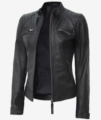 Womens Black Leather Cafe Racer Jacket - Quilted Shoulder