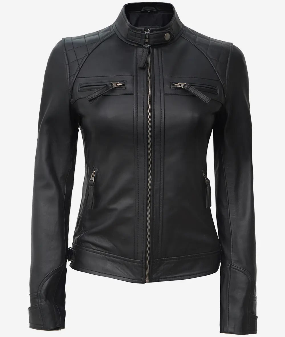 Womens Black Leather Cafe Racer Jacket - Quilted Shoulder