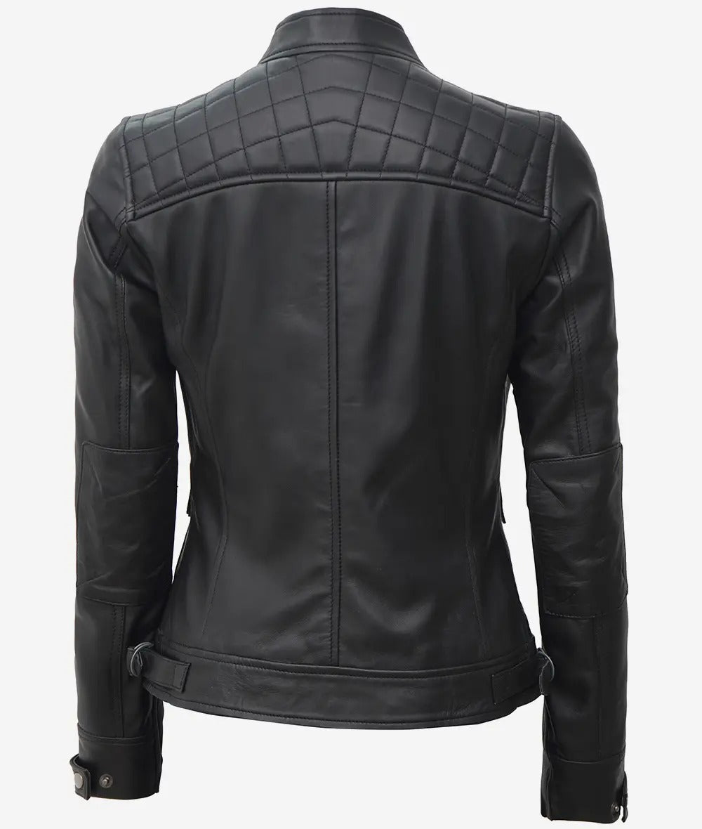 Womens Black Leather Cafe Racer Jacket - Quilted Shoulder