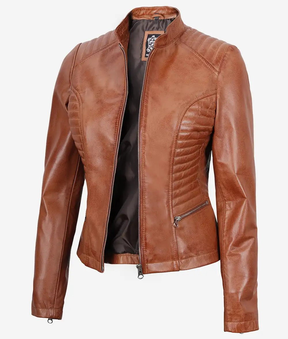 Women's Slim Fit Tan Lambskin Leather Jacket