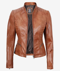 Women's Slim Fit Tan Lambskin Leather Jacket