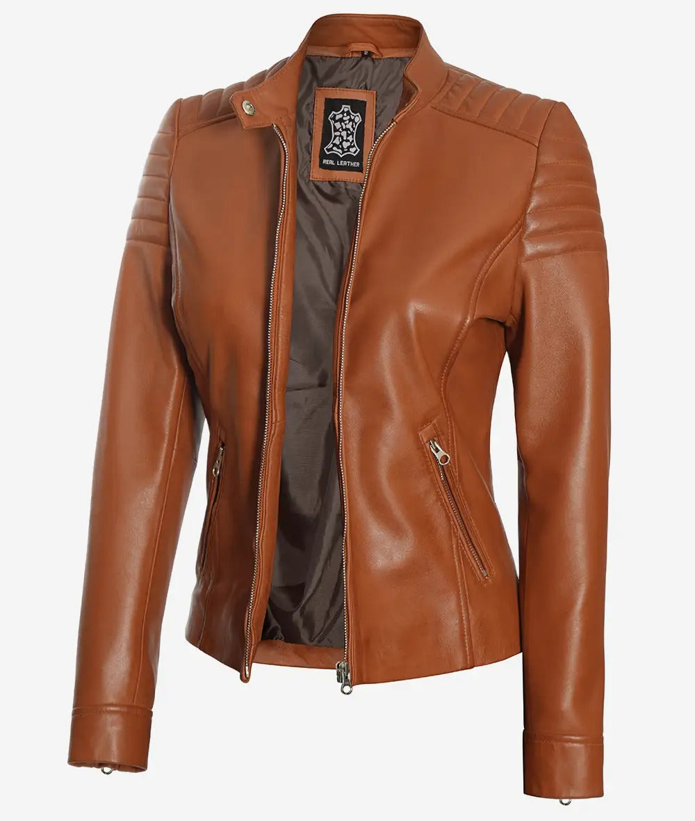 Womens Real Lambskin Leather Tan Biker Jacket