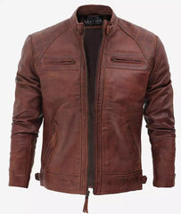 Men's Café Racer Cognac Leather Jacket - Quilted Shoulder