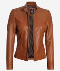 Womens Real Lambskin Leather Tan Biker Jacket