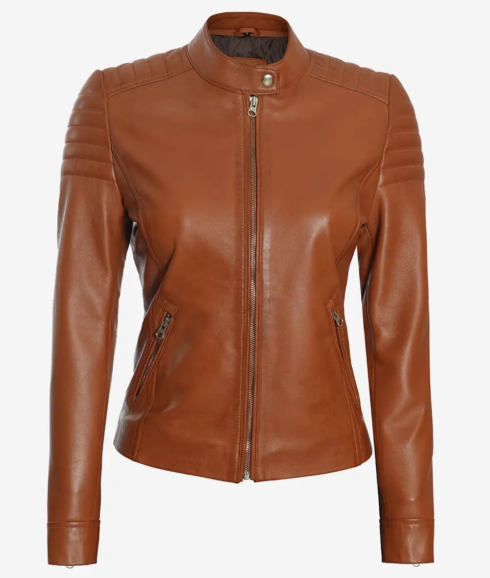 Womens Real Lambskin Leather Tan Biker Jacket