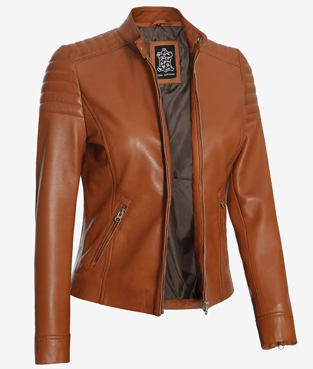 Womens Real Lambskin Leather Tan Biker Jacket