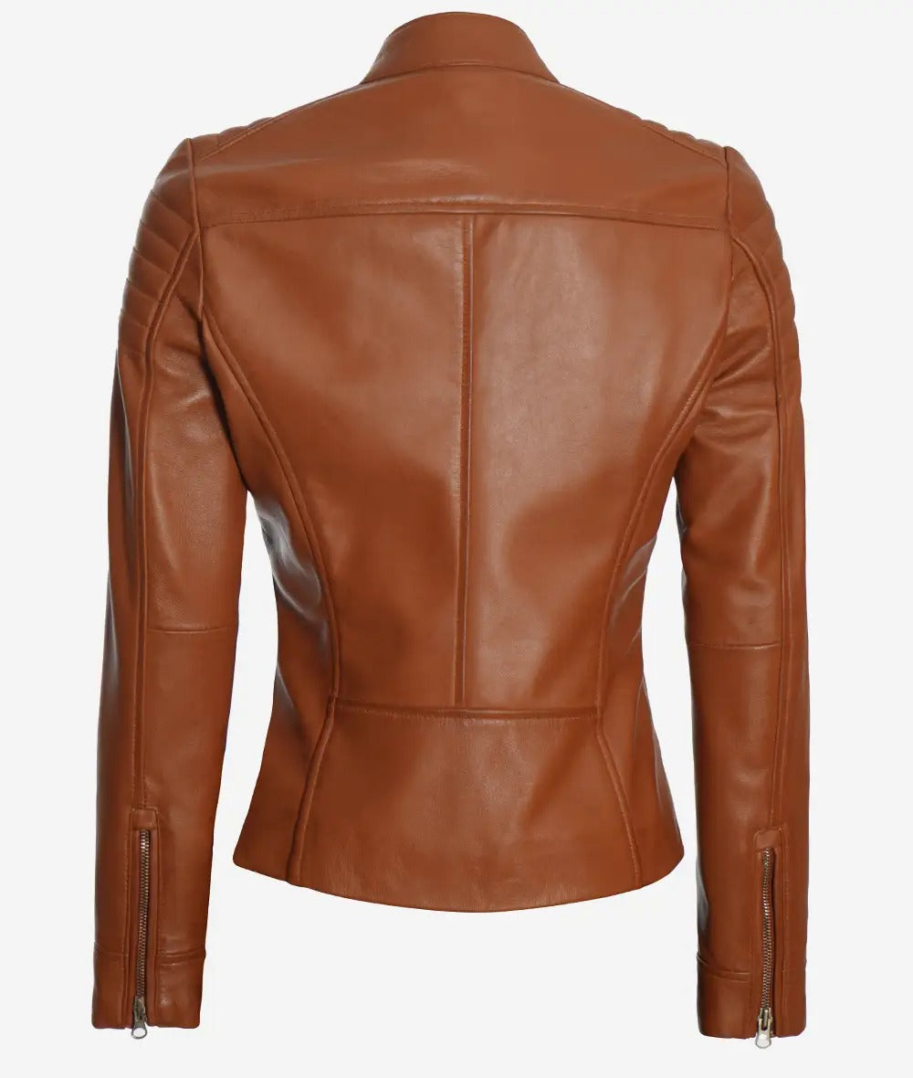 Womens Real Lambskin Leather Tan Biker Jacket