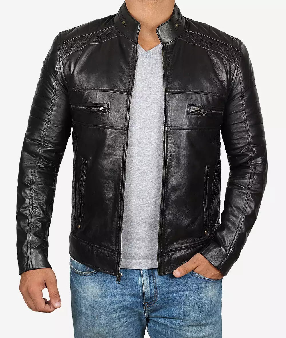 Men's Premium Black Cafe Racer Leather Jacket