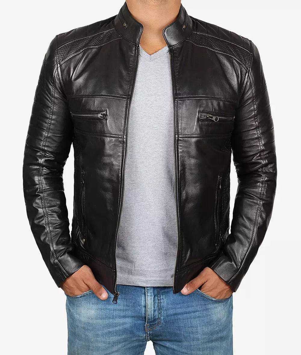 Men's Premium Black Cafe Racer Leather Jacket