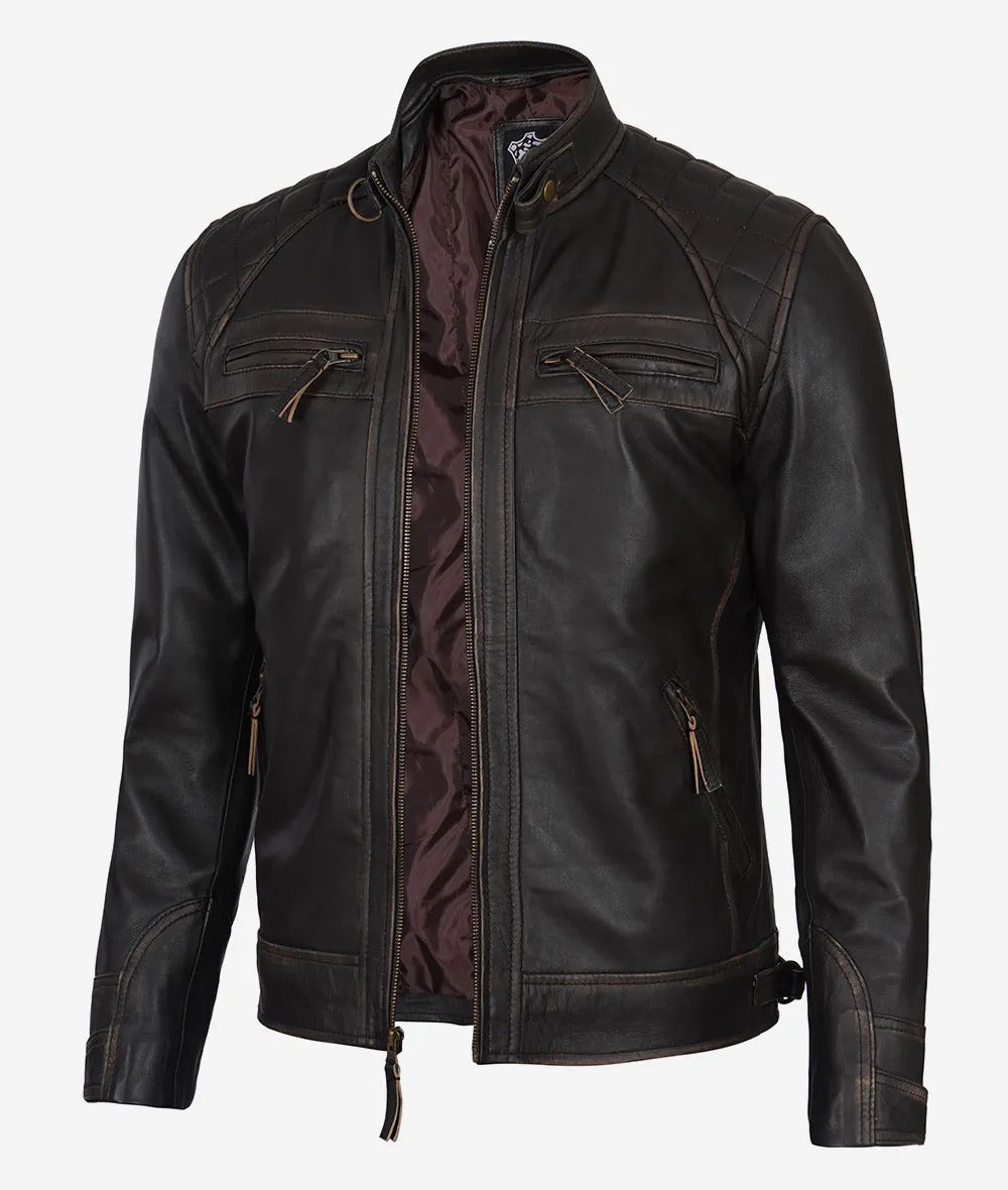 Men's Dark Brown Cafe Racer Leather Jacket - Quilted Shoulder