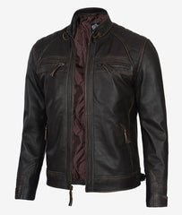 Men's Dark Brown Cafe Racer Leather Jacket - Quilted Shoulder