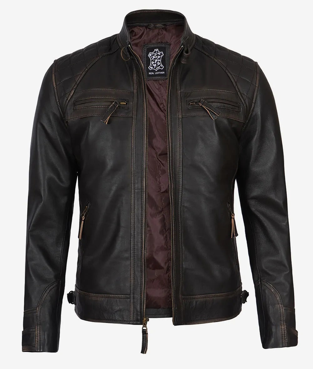 Men's Dark Brown Cafe Racer Leather Jacket - Quilted Shoulder