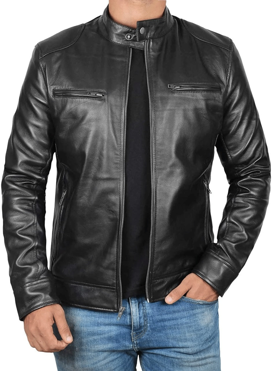 Men's Black Lambskin Leather Cafe Racer Jacket