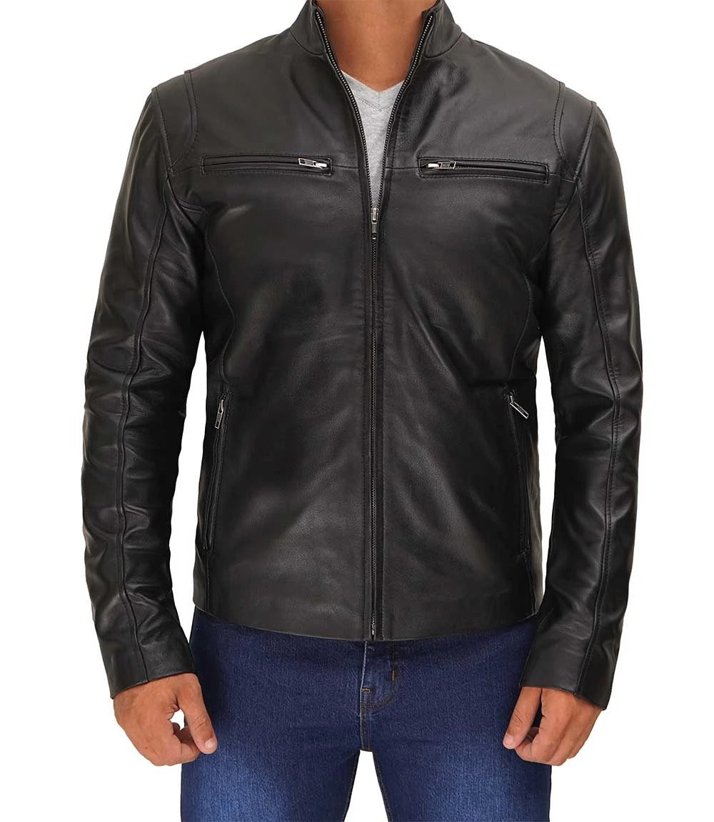 Men's Slim Fit Black Cafe Racer Leather Jacket