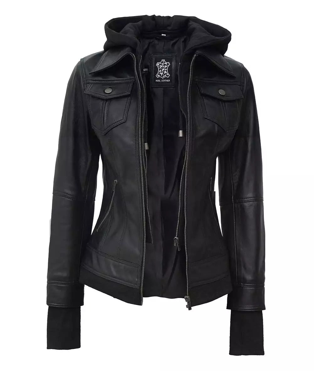 Womens Petite Black Bomber Leather Jacket With Removable Hood