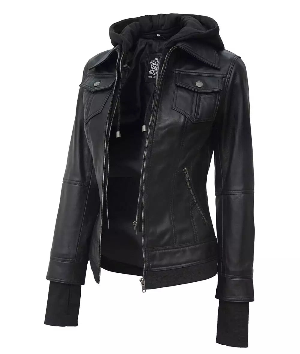 Womens Petite Black Bomber Leather Jacket With Removable Hood