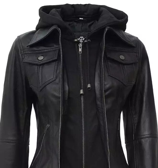 Womens Petite Black Bomber Leather Jacket With Removable Hood