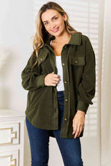 Heimish Cozy Girl Full Size Button Down Shacket Green