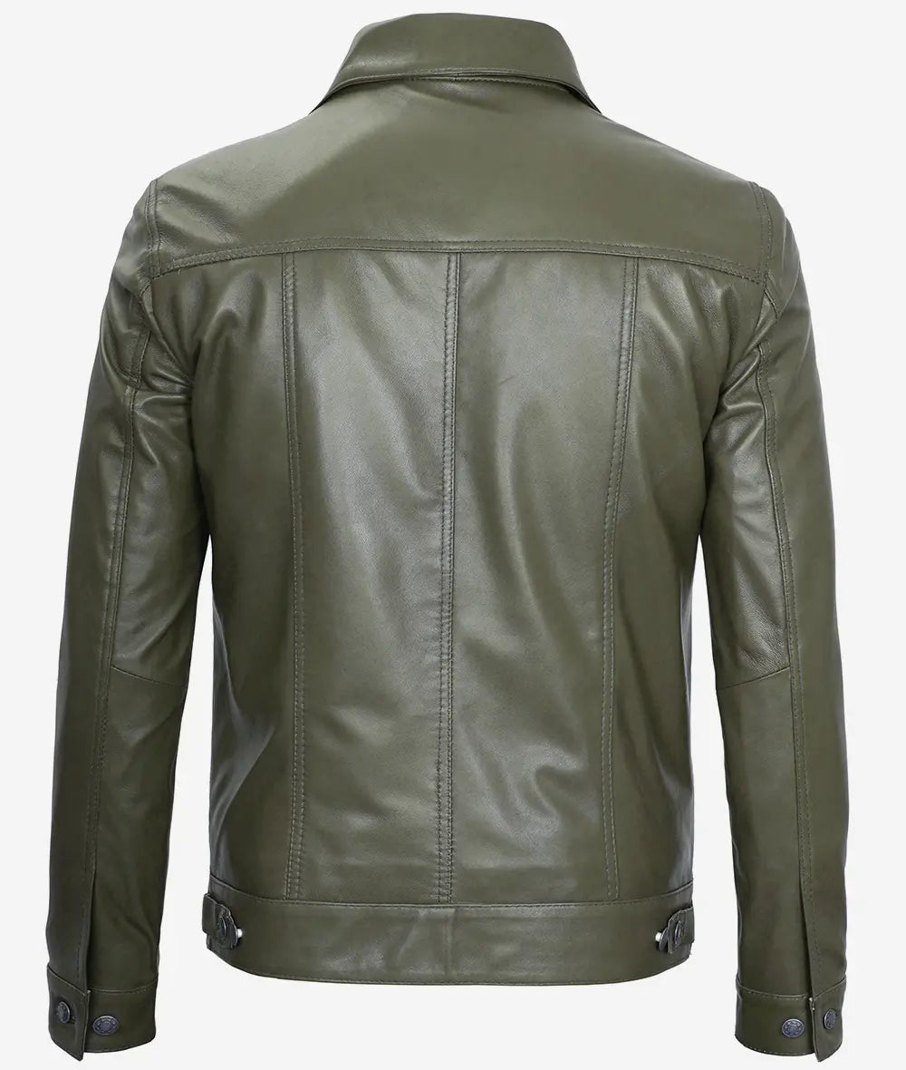 Men's Four Pockets Military Green Leather Trucker Jacket