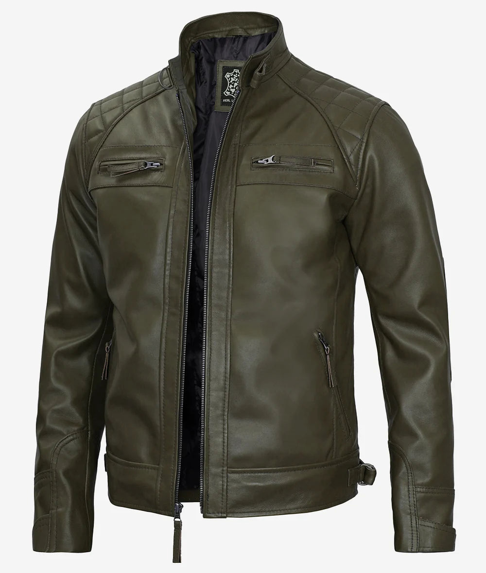 Mens Quilted Shoulder Military Green Cafe Racer Leather Jacket