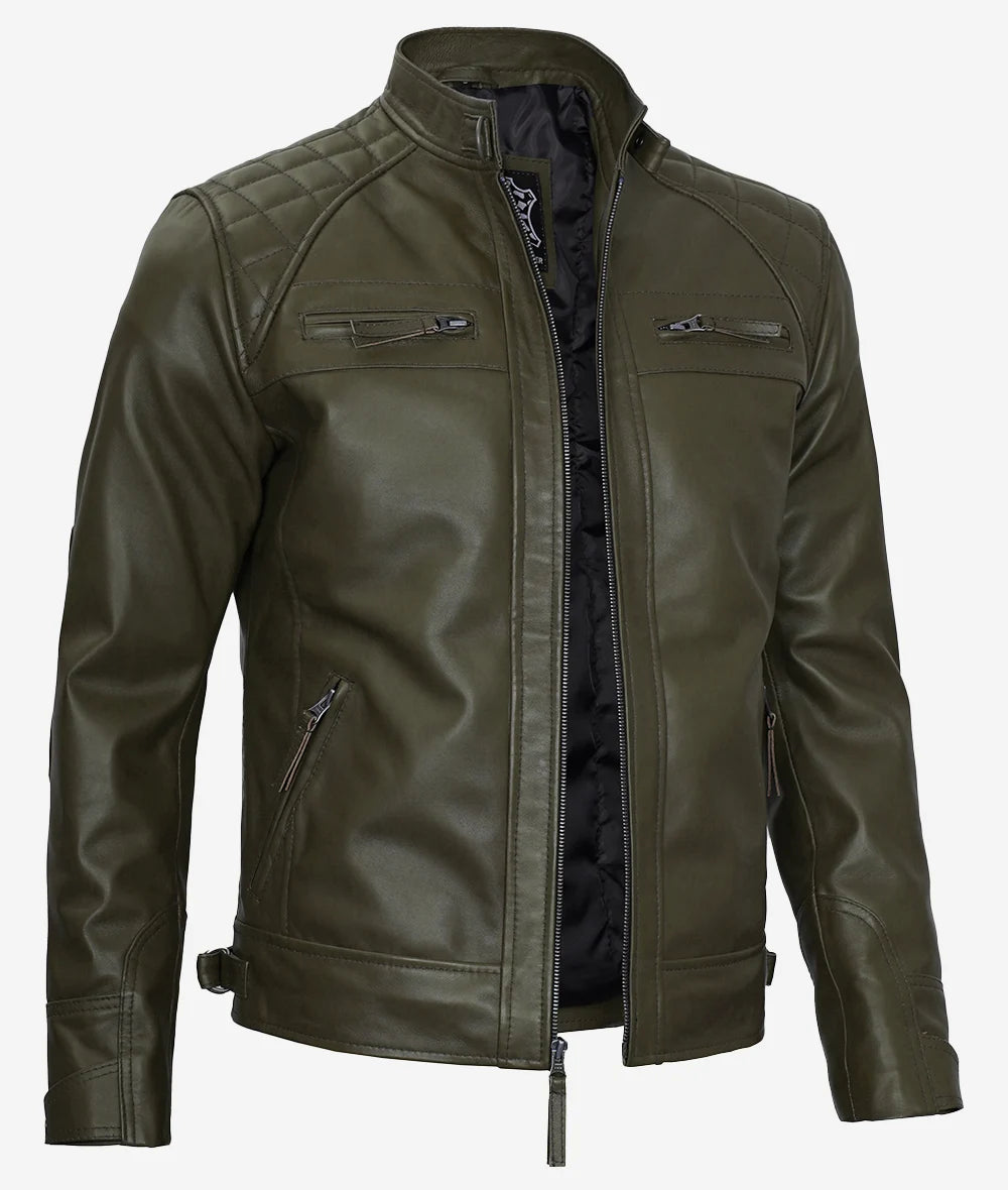 Mens Quilted Shoulder Military Green Cafe Racer Leather Jacket