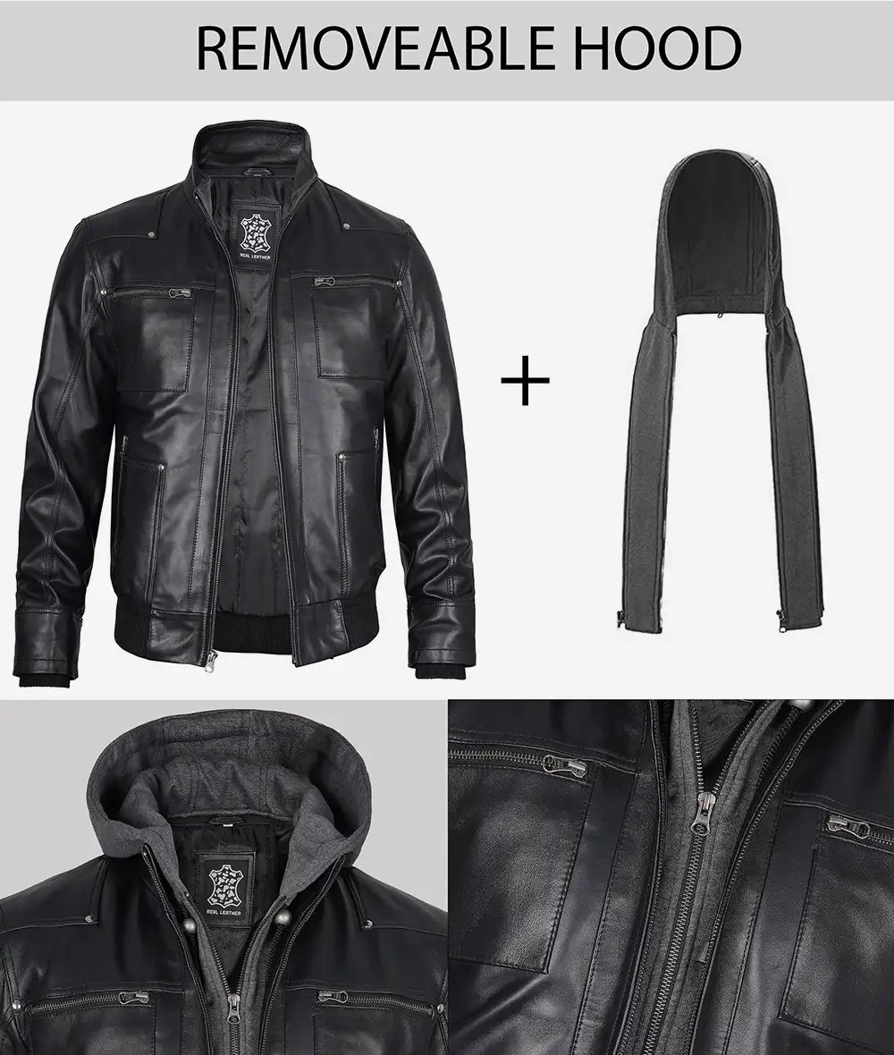 Men's Black Leather Bomber Jacket with Removable Hood