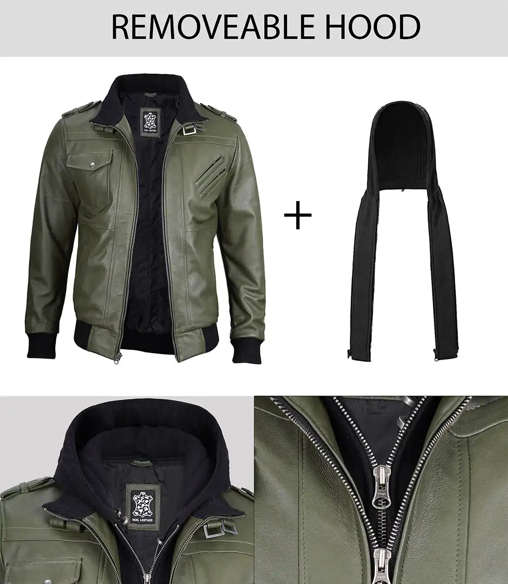 Men's Military Green Bomber Leather Jacket With Hood