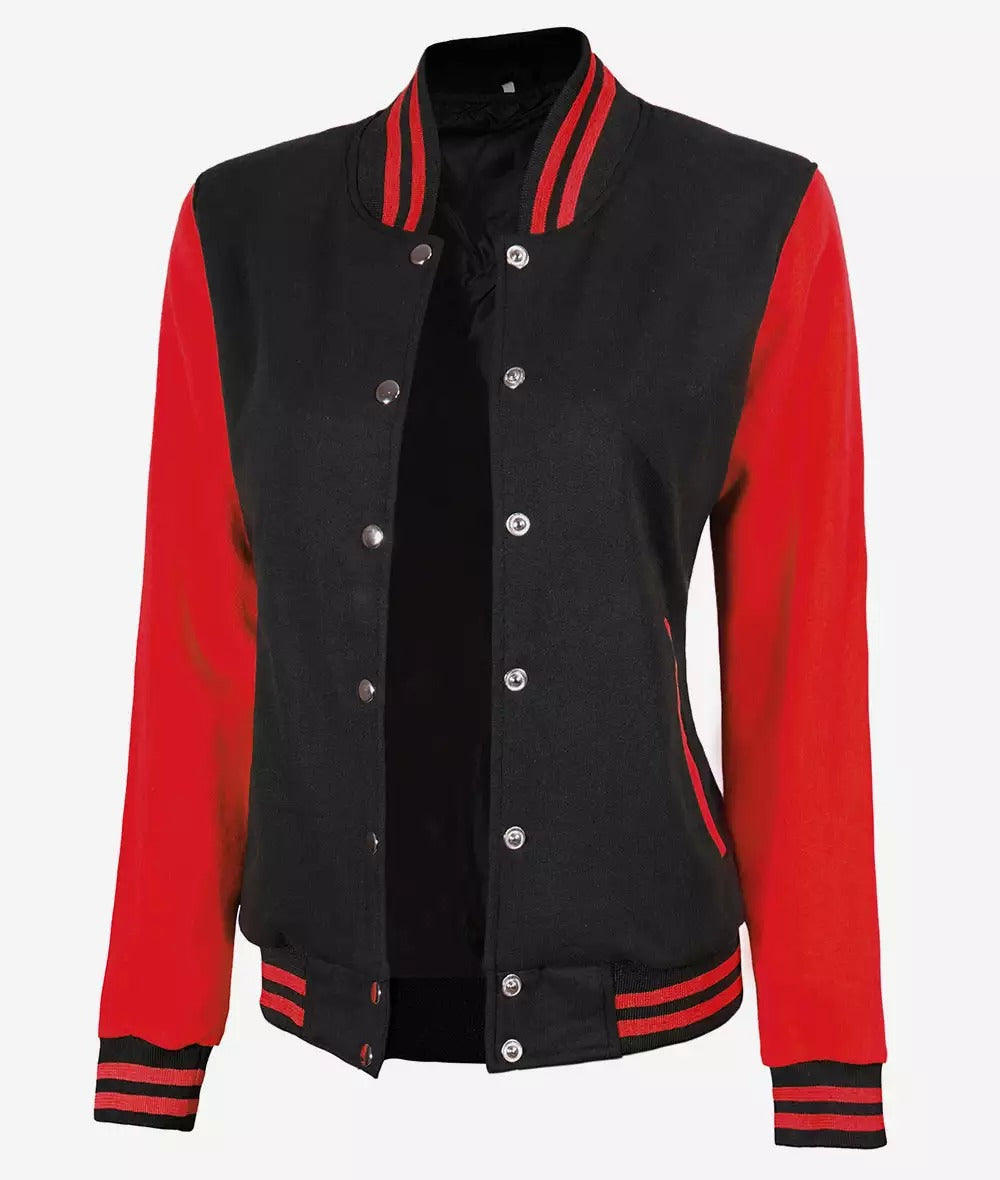 Women's Black and Red Varsity Jacket - Baseball Letterman Style